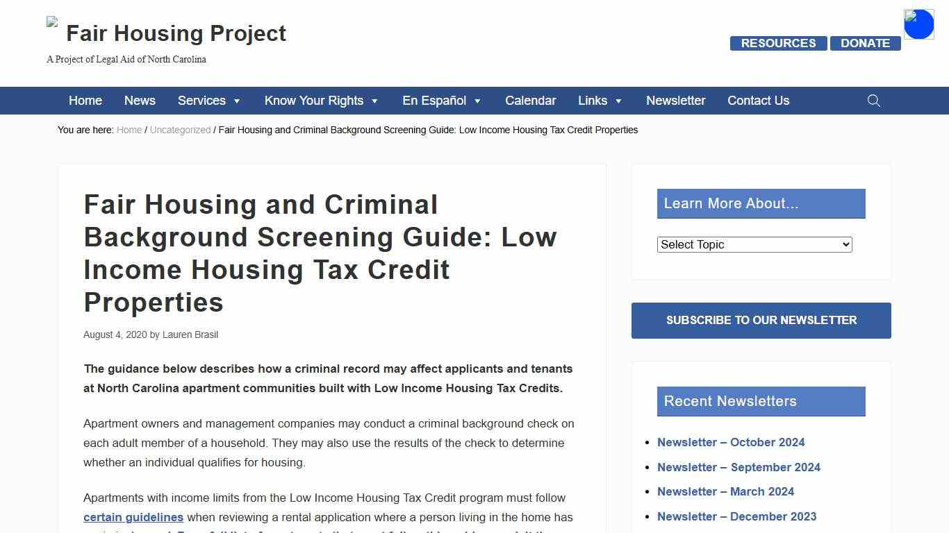 Fair Housing and Criminal Background Screening Guide: Low Income Housing Tax Credit Properties — Fair Housing Project