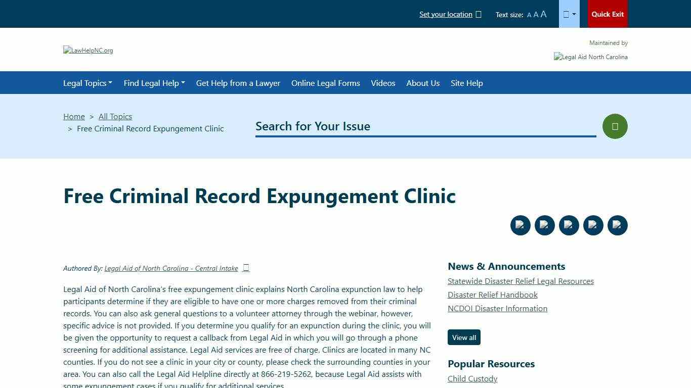 Free Criminal Record Expungement Clinic Welcome to LawHelpNC.org A guide to free and low cost legal aid, assistance and services in North Carolina